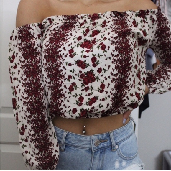 Brandy Melville red floral Maura off the shoulder top one size fits all - Picture 2 of 7